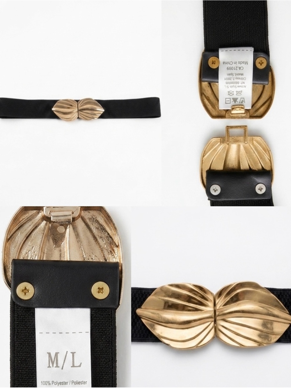 Black Elastic Stretch Waist Accesorry Belt  Gold Leaf Buckle Double  Clasp M/L
